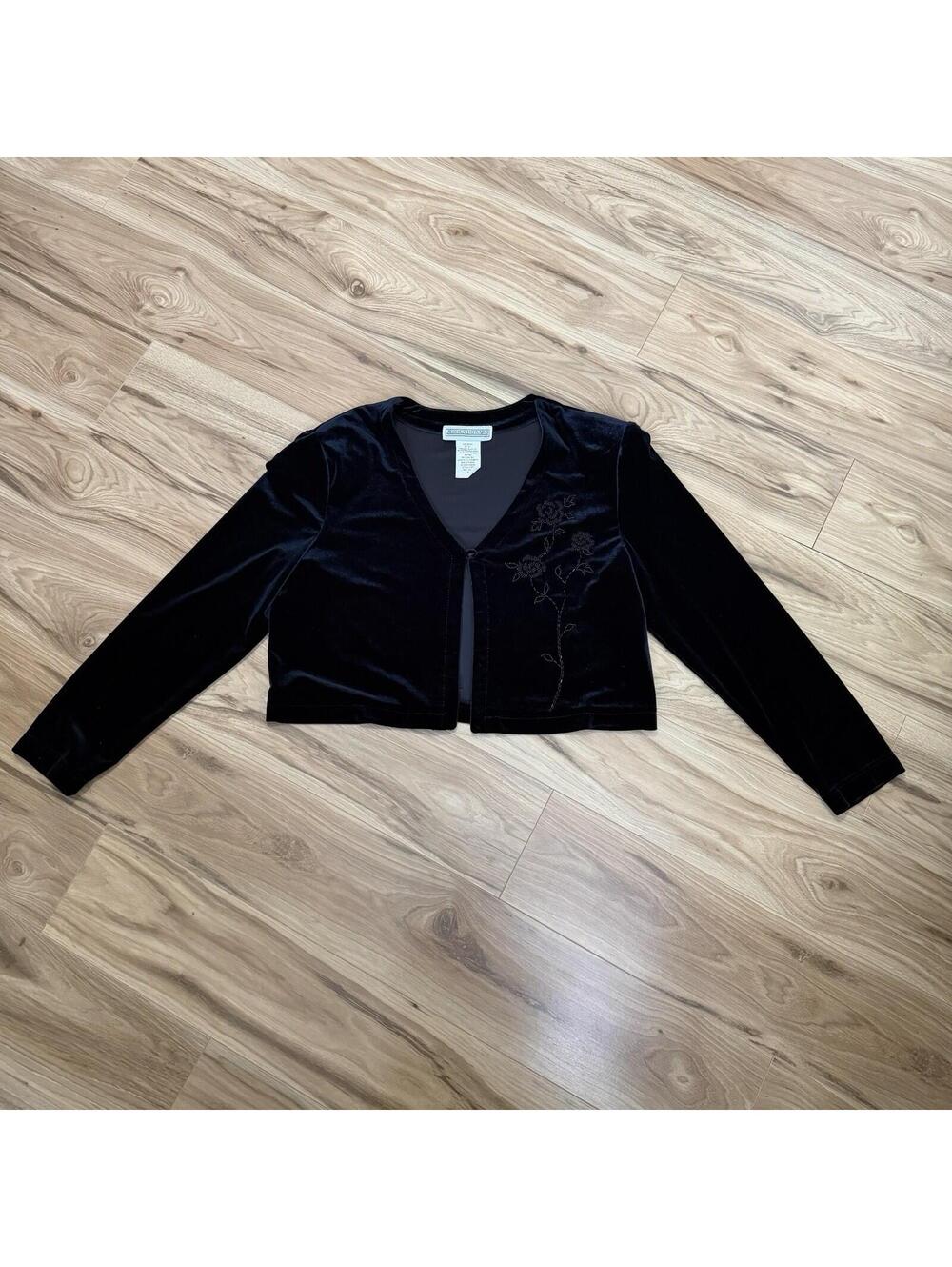 Jessica Howard Black Velvet Beaded Rose Bolero Jacket Top Whimsigoth 16